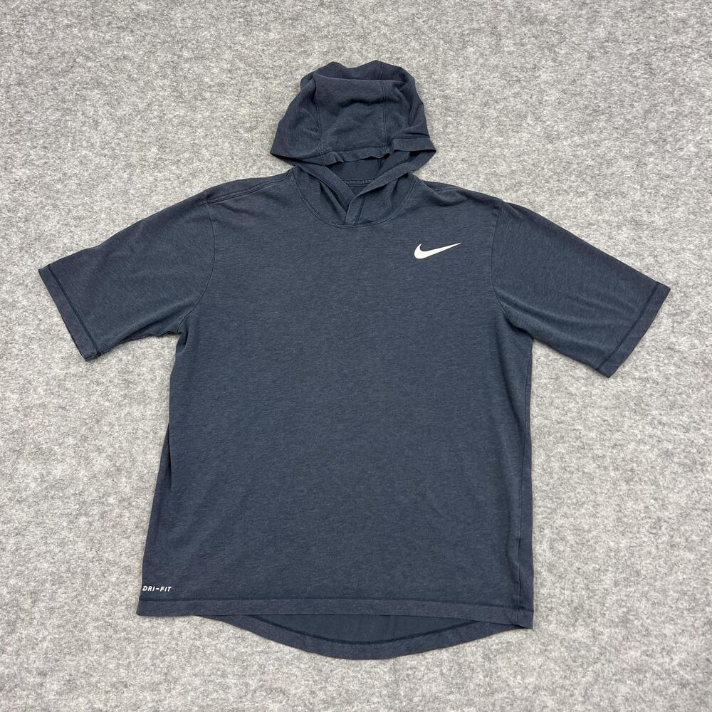 Nike Shirt Mens M Blue DriFIT Hooded Short Sleeve Athletic Training Running Tee